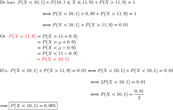 \text{Ds lors }\ P(X<10,1)+P(10,1\le X\le11,9)+P(X>11,9)=1 \\\\\phantom{WWWWWWWW}\Longleftrightarrow P(X<10,1)+0,99+P(X>11,9)=1 \\\\\phantom{WWWWWWWW}\Longleftrightarrow P(X<10,1)+P(X>11,9)=0,01 \\\\\text{Or }\ {\red{P(X>11,9)}} =P(X>11+0,9) \\\phantom{\text{Or }\ P(X>11,9)}=P(X>\mu+0,9) \\\phantom{\text{Or }\ P(X>11,9)}=P(X<\mu-0,9) \\\phantom{\text{Or }\ P(X>11,9)}=P(X<11-0,9) \\\phantom{\text{Or }\ P(X>11,9)}\,{\red{=P(X<10,1)}} \\\\\text{D'o }\ P(X<10,1)+P(X>11,9)=0,01\Longleftrightarrow P(X<10,1)+P(X<10,1)=0,01 \\\\\phantom{WWWWWWWWWWWWWWW..WW}\Longleftrightarrow 2P(X<10,1)=0,01 \\\\\phantom{WWWWWWWWWWWWWWW..WW}\Longleftrightarrow P(X<10,1)=\dfrac{0,01}{2} \\\\\Longrightarrow\boxed{P(X<10,1)=0,005}